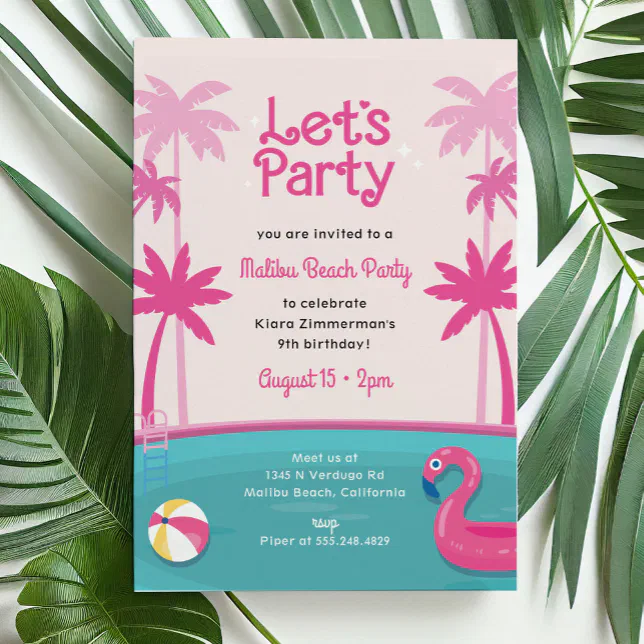 Malibu Beach Doll Summer Pool Party Birthday Invitation | Zazzle