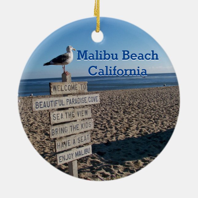 Malibu Beach- Paradise Cove Seagull Sign Ceramic Tree Decoration (Back)