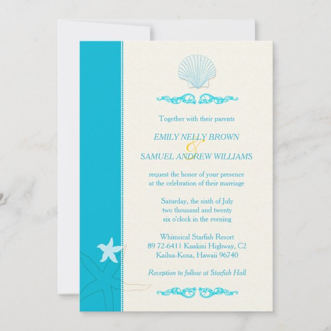 Malibu Blue + Ivory Hip Beach Wedding Invitation (Front)