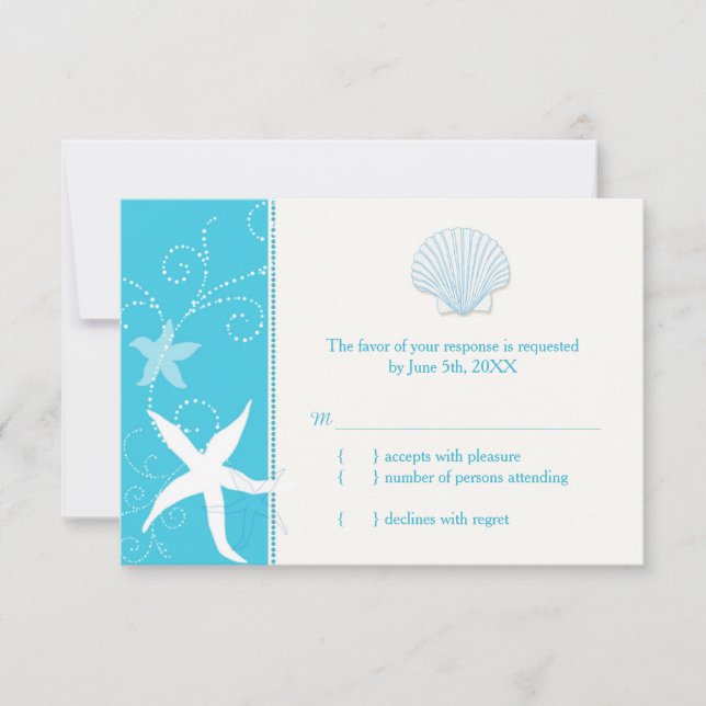 Malibu Blue Sea Shell Starfish Beach Wedding RSVP Card (Front)