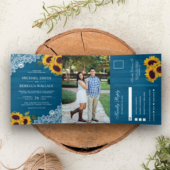 Malibu Blue Wood Lace Sunflower Wedding Photo Tri-Fold Invitation (Creator Uploaded)