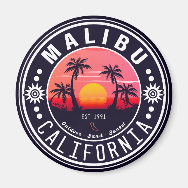 Malibu Ca Retro Sunset Palm Trees Souvenirs 60s Magnet (Front)
