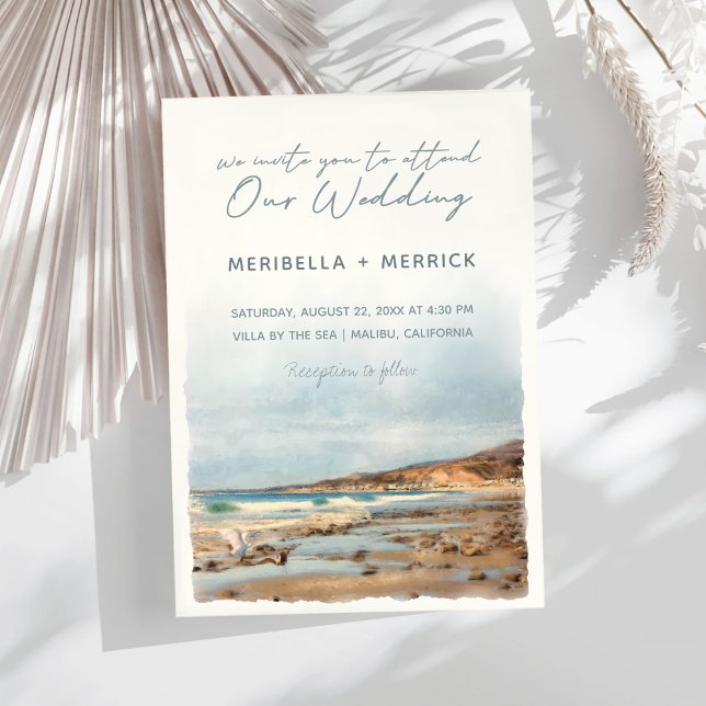 Malibu | California Beach Birds Watercolor Wedding Invitation (Creator Uploaded)