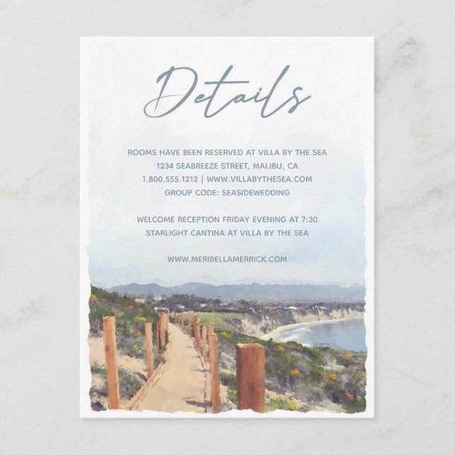 Malibu California Beach Watercolor Wedding Details Enclosure Card (Front)