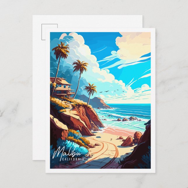 Malibu California vintage travel illustration Postcard (Front/Back)