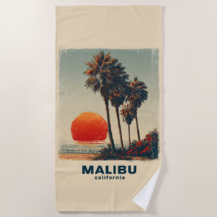 Malibu California Vintage Travel Poster Beach Towel