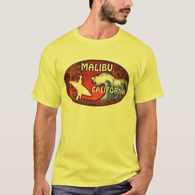 Malibu California yellow surf wave art guys tee (Front)