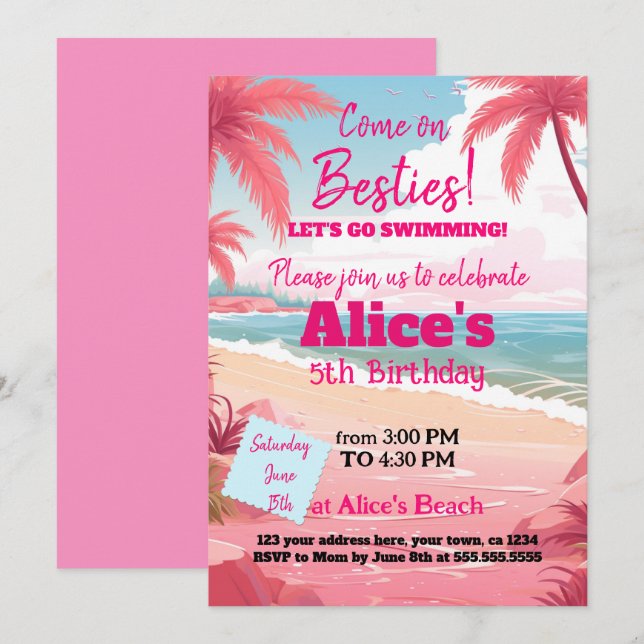 Malibu Doll Beach Pool Birthday Invitation (Front/Back)