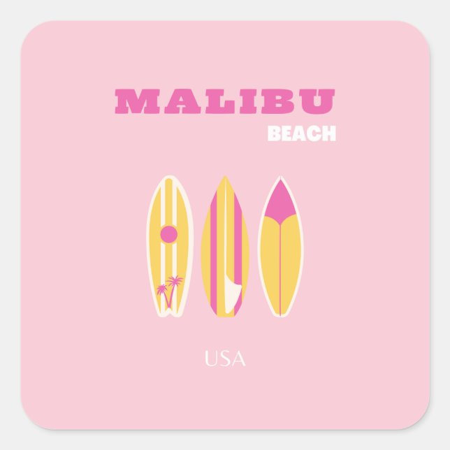 Malibu, Malibu Beach, Preppy, Pink Square Sticker (Front)