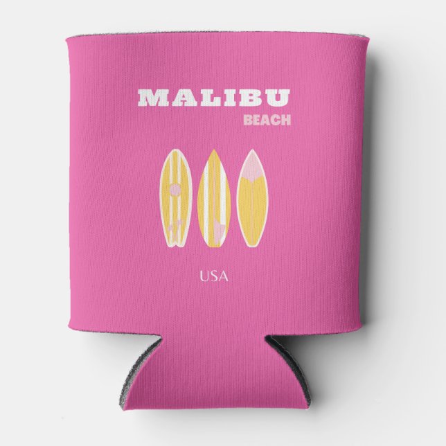 Malibu, Malibu Beach, Travel Art, Preppy, Pink Can Cooler (Front)