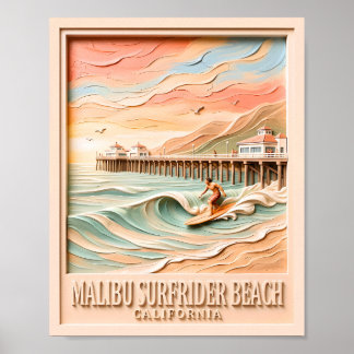 Malibu Surfrider Beach Surfing 3D Textured Vintage Poster