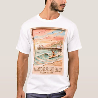 Malibu Surfrider Beach Surfing 3D Textured Vintage T-Shirt