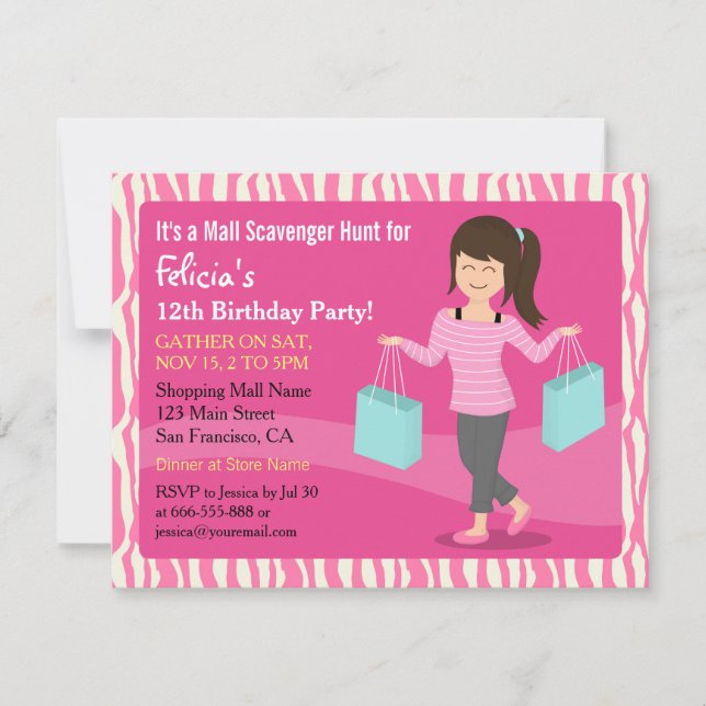 Mall Scavenger Hunt Birthday Party Zebra Print Invitation (Front)