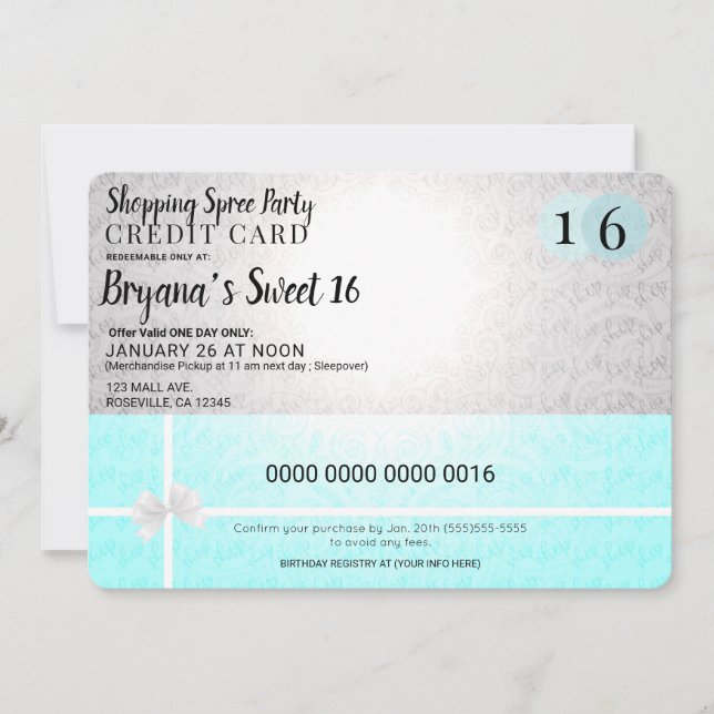 Mall Shopping Spree Credit Card Sweet 16 Party (Front)