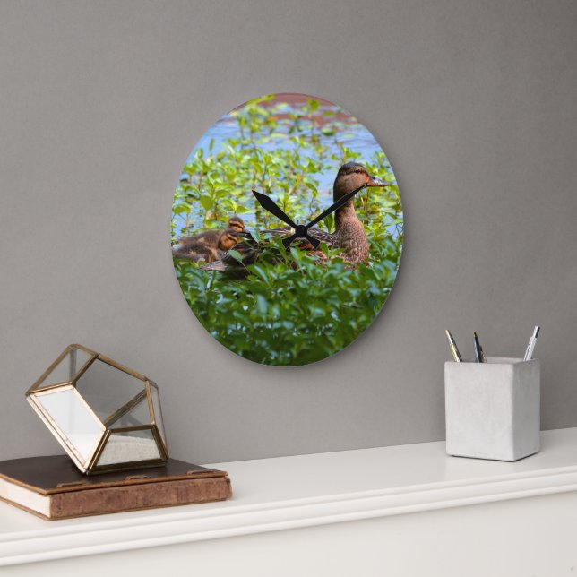 Mallard and Ducklings-Swimming by Shirley Taylor Large Clock (Office)