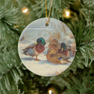Mallard and teal in the snow, Birds Ceramic Tree Decoration