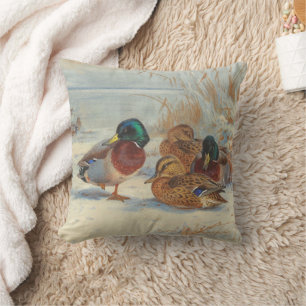 Mallard and teal in the snow, Birds Cushion