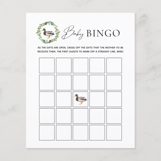 Mallard Duck Baby Shower Baby Bingo Game Card (Front)