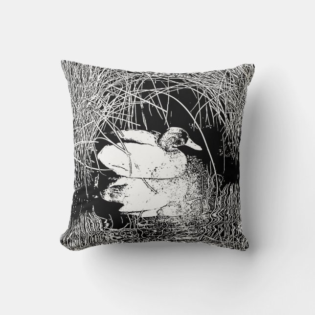 Mallard Duck Black and White Photo Lake Animal Cushion (Front)
