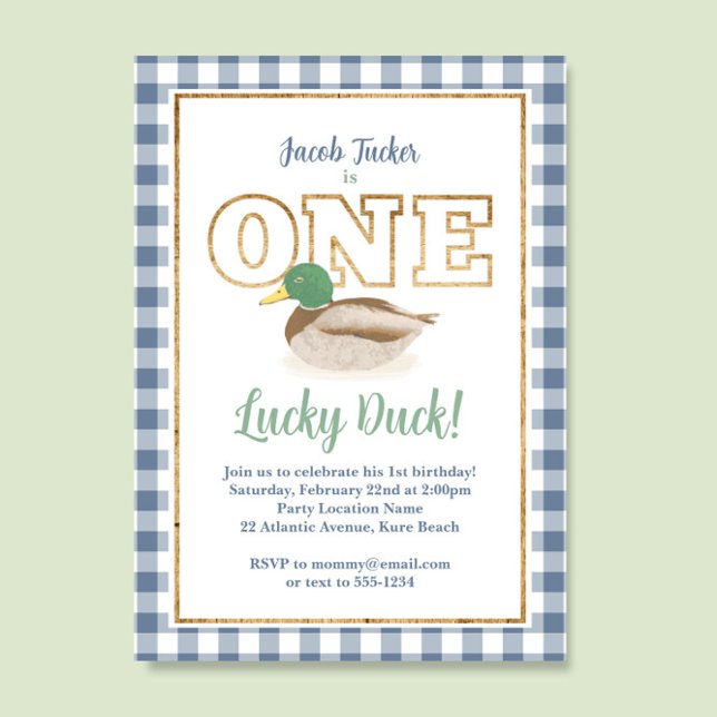 Mallard Duck Blue Plaid Hunting Boy 1st Birthday Invitation (Creator Uploaded)