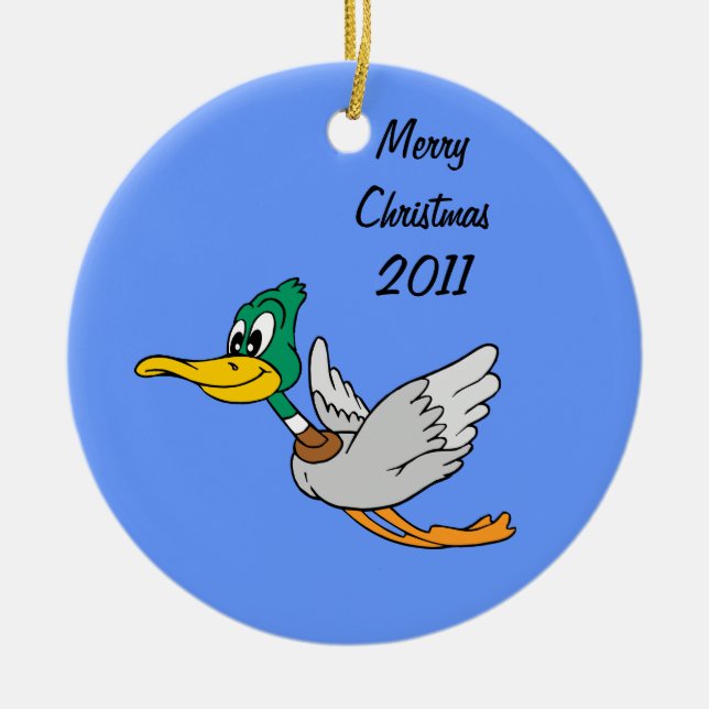 Mallard Duck Cartoon Flying Ceramic Tree Decoration (Front)