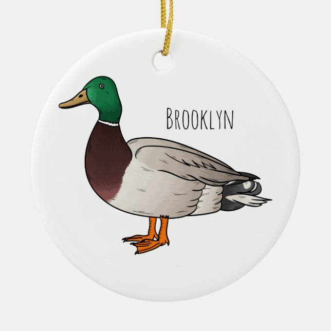 Mallard duck cartoon illustration  ceramic tree decoration (Front)