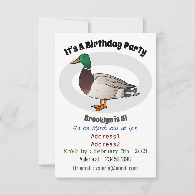 Mallard duck cartoon illustration invitation (Front)