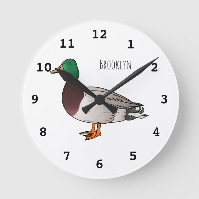 Mallard duck cartoon illustration round clock (Front)