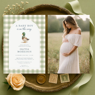 Mallard Duck Gingham Photo Baby Shower Invitation