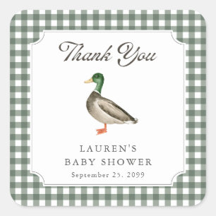 Mallard Duck Green Gingham Baby Shower Thank You Square Sticker