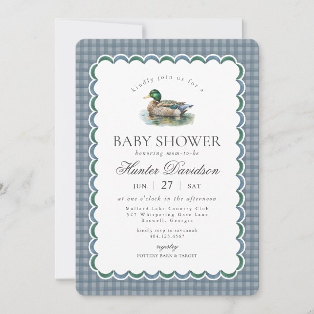 Mallard Duck Hunting Blue Gingham Boy Baby Shower Invitation (Front)