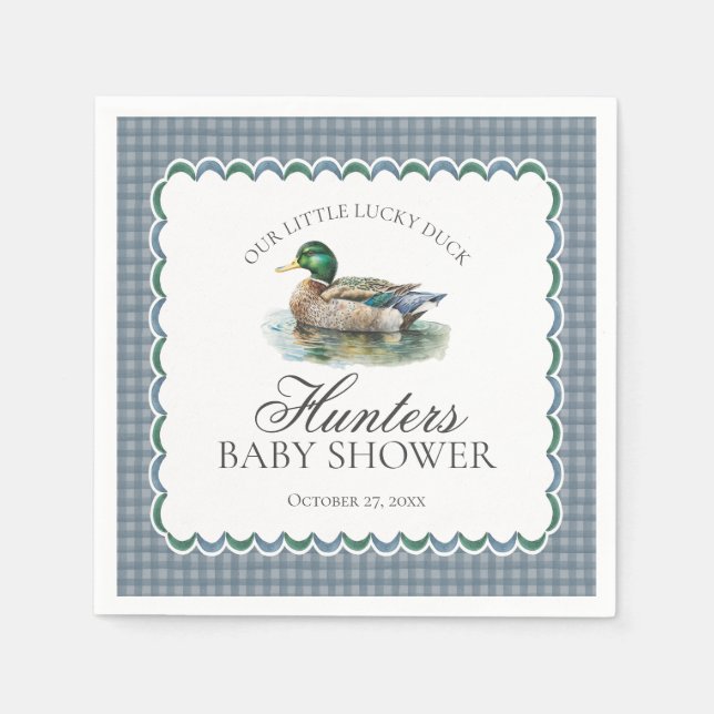 Mallard Duck Hunting Blue Gingham Boy Baby Shower Napkin (Front)