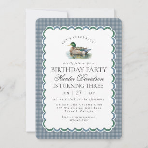 Mallard Duck Hunting Blue Gingham Boy Birthday Invitation
