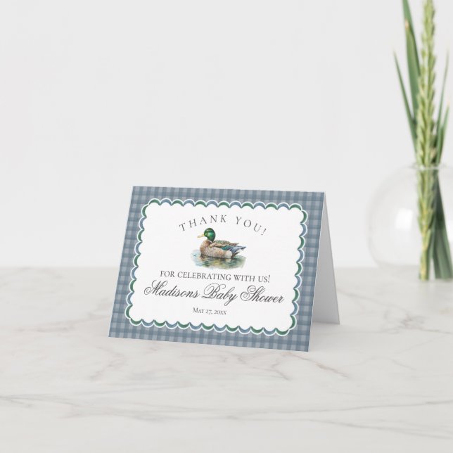 Mallard Duck Hunting Blue Gingham Thank You Card  (Front)