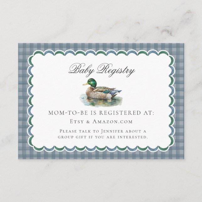 Mallard Duck Hunting Gingham Baby Registry Card (Front)