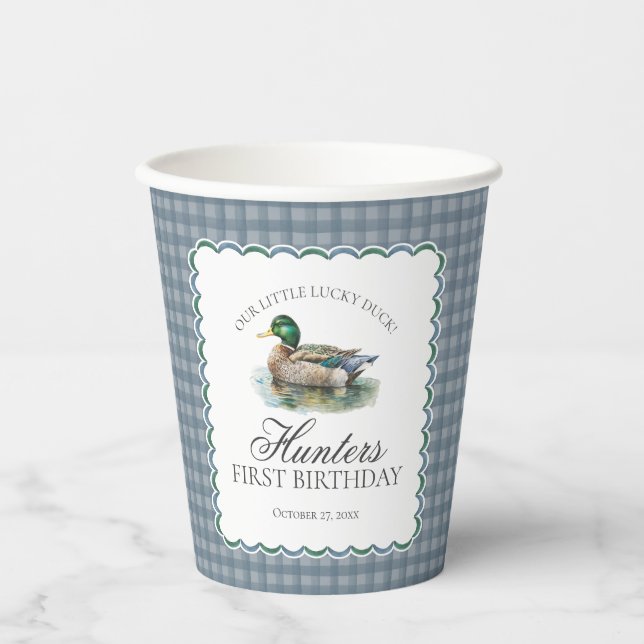 Mallard Duck Hunting Gingham Boy Birthday Paper Cups (Front)