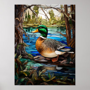 Mallard Duck in a Stained Glass Window Design Poster
