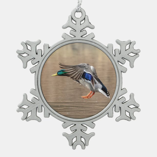 Mallard Duck in flight Snowflake Pewter Christmas Ornament (Front)