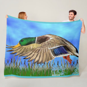 Mallard Duck in Flight Wildlife Fleece Blanket