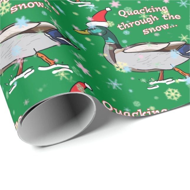 Mallard Duck in Santa Hat Quacking through Snow Wrapping Paper (Roll Corner)
