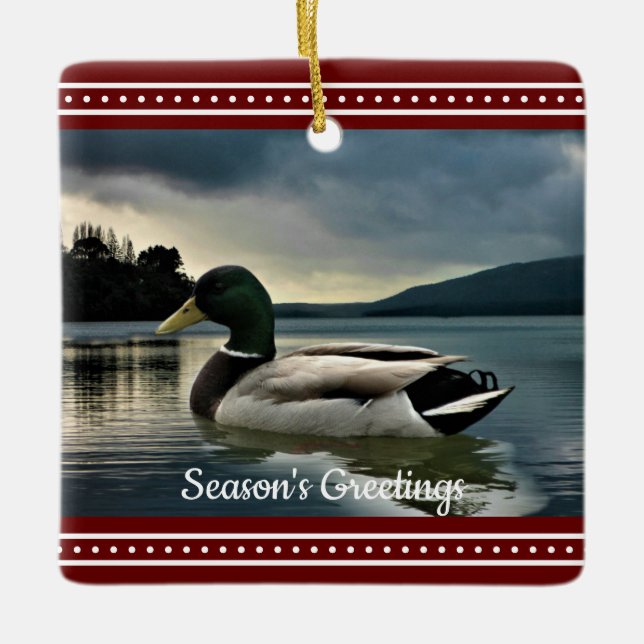 Mallard Duck Lake Christmas Season's Greetings Ceramic Ornament (Front)