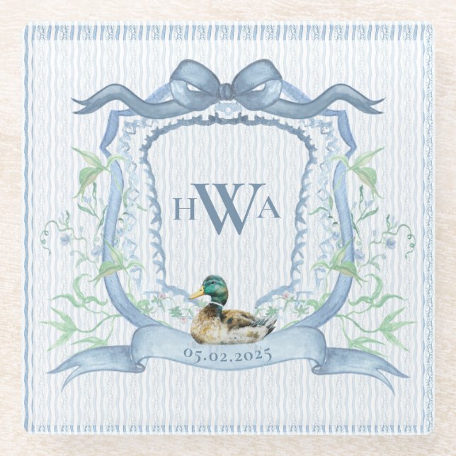 Mallard Duck Monogram Grandmillennial Glass Coaster (Front)
