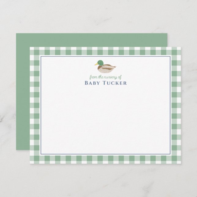 Mallard Duck Preppy Gingham Baby Boy Note Cards (Front/Back)