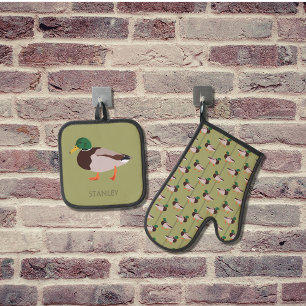 Mallard Duck Realistic Illustration Personalised Oven Mitt & Pot Holder Set
