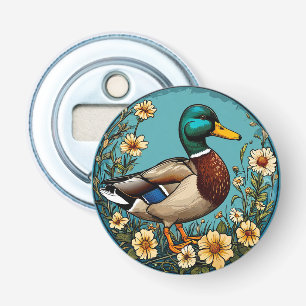 Mallard Duck Surrounded by Vibrant Flowers in a Sc Bottle Opener