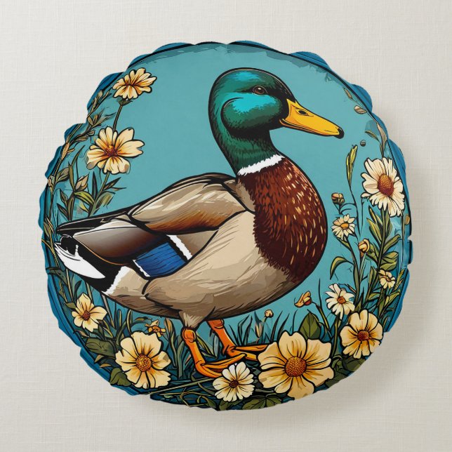 Mallard Duck Surrounded by Vibrant Flowers in a Sc Round Cushion (Front)