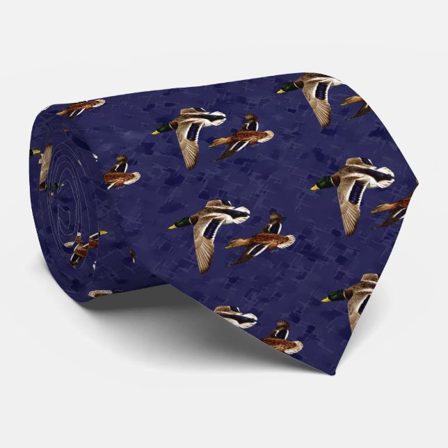Mallard Ducks Flying Navy Blue Tie (Rolled)