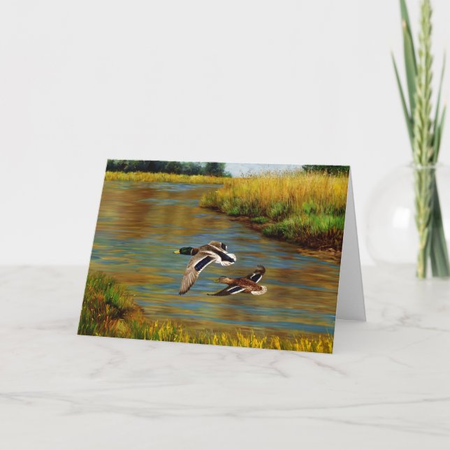 Mallard Ducks Flying Over Pond Card (Front)