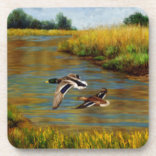 Mallard Ducks Flying Over Pond Coaster