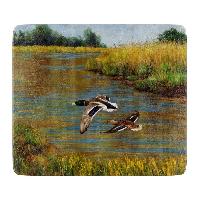 Mallard Ducks Flying Over Pond Cutting Board (Front)